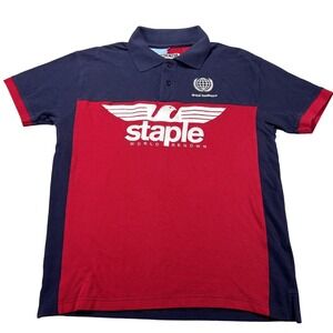 Staple Polo Shirt Mens Medium Blue Red Colorblock World Renown‎ Eagle Logo